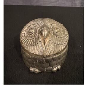 Vintage Silver Tone Owl-Shaped Trinket Box Red Velvet Interior
